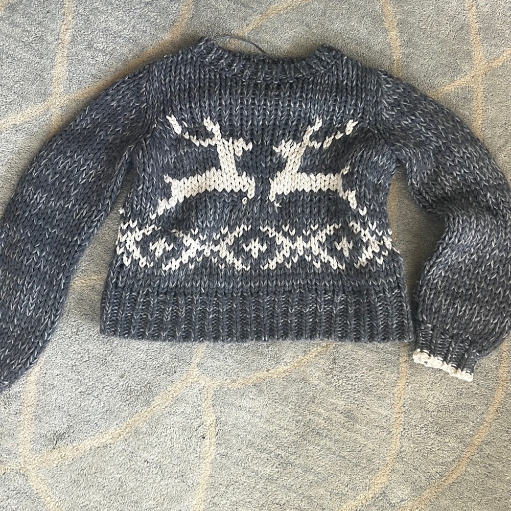 Free People Grey Dancer & Prancer Reindeer Chunky Knit Pullover Jumper Sweater